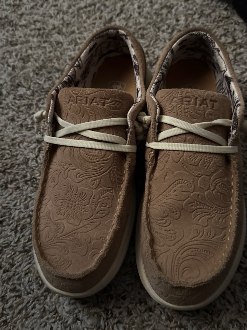 Ariat Tan Embossed Floral Slip-On Loafers with Cream Laces